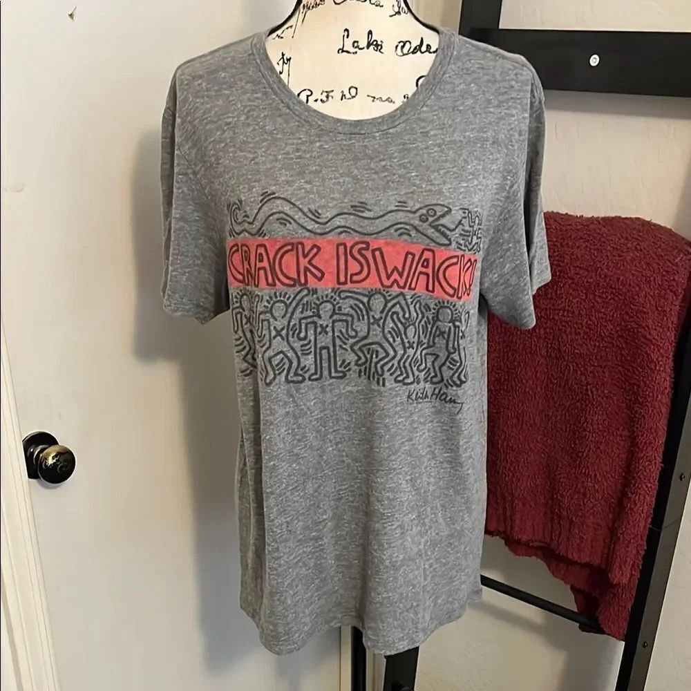 Junk Food Crack Is Whack Keith Haring Gray Graphic Pullover T-Shirt